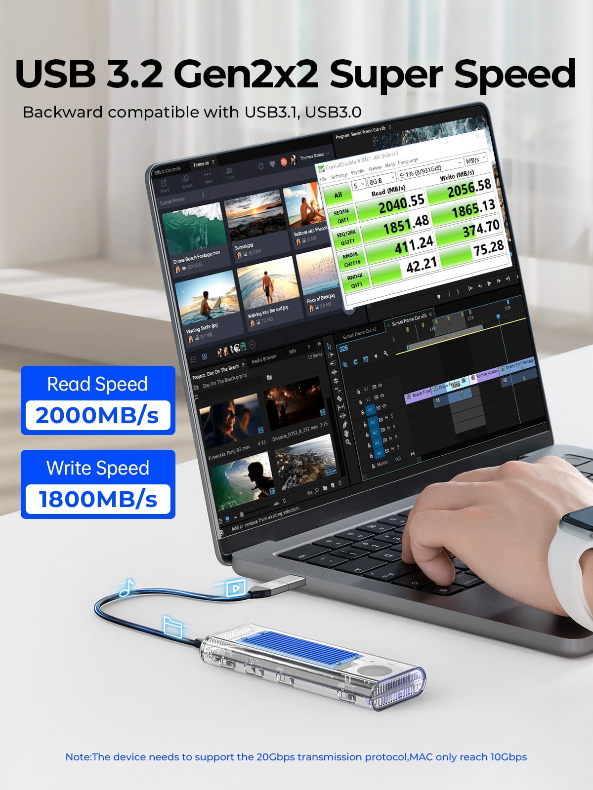 ORICO M.2 Enclosure NVMe 20Gbps Transparent External M.2 Enclosure Max 4TB USB C to M.2 NVMe SSD Enclosure Adapter for M Key, Built-In Fan, Support UASP Trim,with Storage Bag