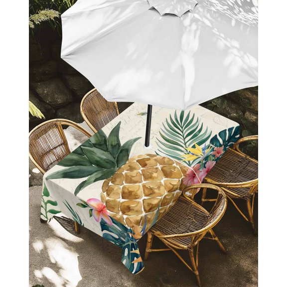 Outdoor Tablecloth with Umbrella Hole, Pineapple Tropical Leaves Flower Zippered Table Cloth for Rectangle Tables, Palm Leaf Monstera Leaves Washable Waterproof Tablecloths for Picnic Patio Garden