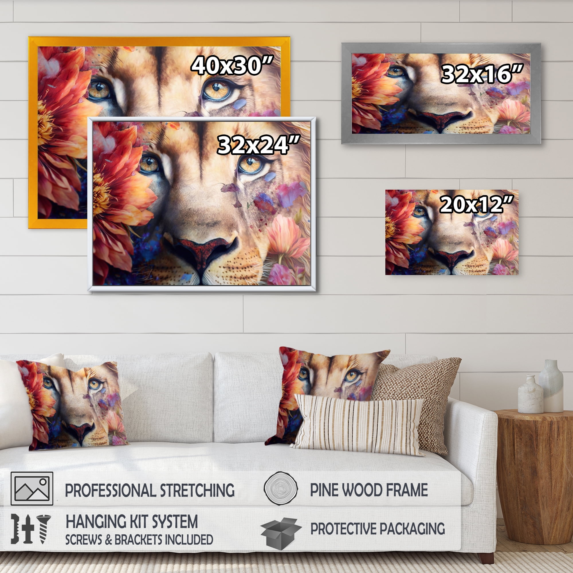 Designart Lion Portrait With Flowers II Canvas Wall Art