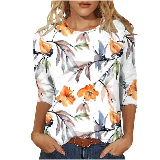 Pompotops T-shirt Mode Imprimé Ample Manches 3/4 Blouse Col Rond Tops Décontractés Liquidation
