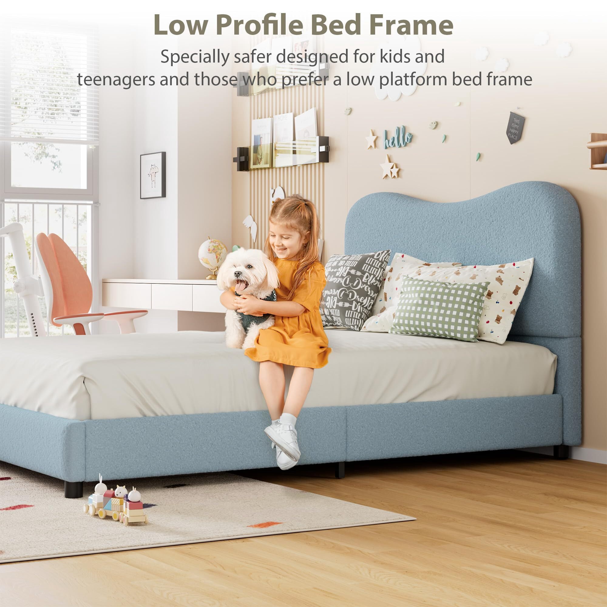 Jojoka Modern Full Bed Frame Upholstered in Soft Boucle Fabric, Sturdy Wooden Slats, No Gap Headboard, Easy Assembly, No Box Spring Needed, Blue