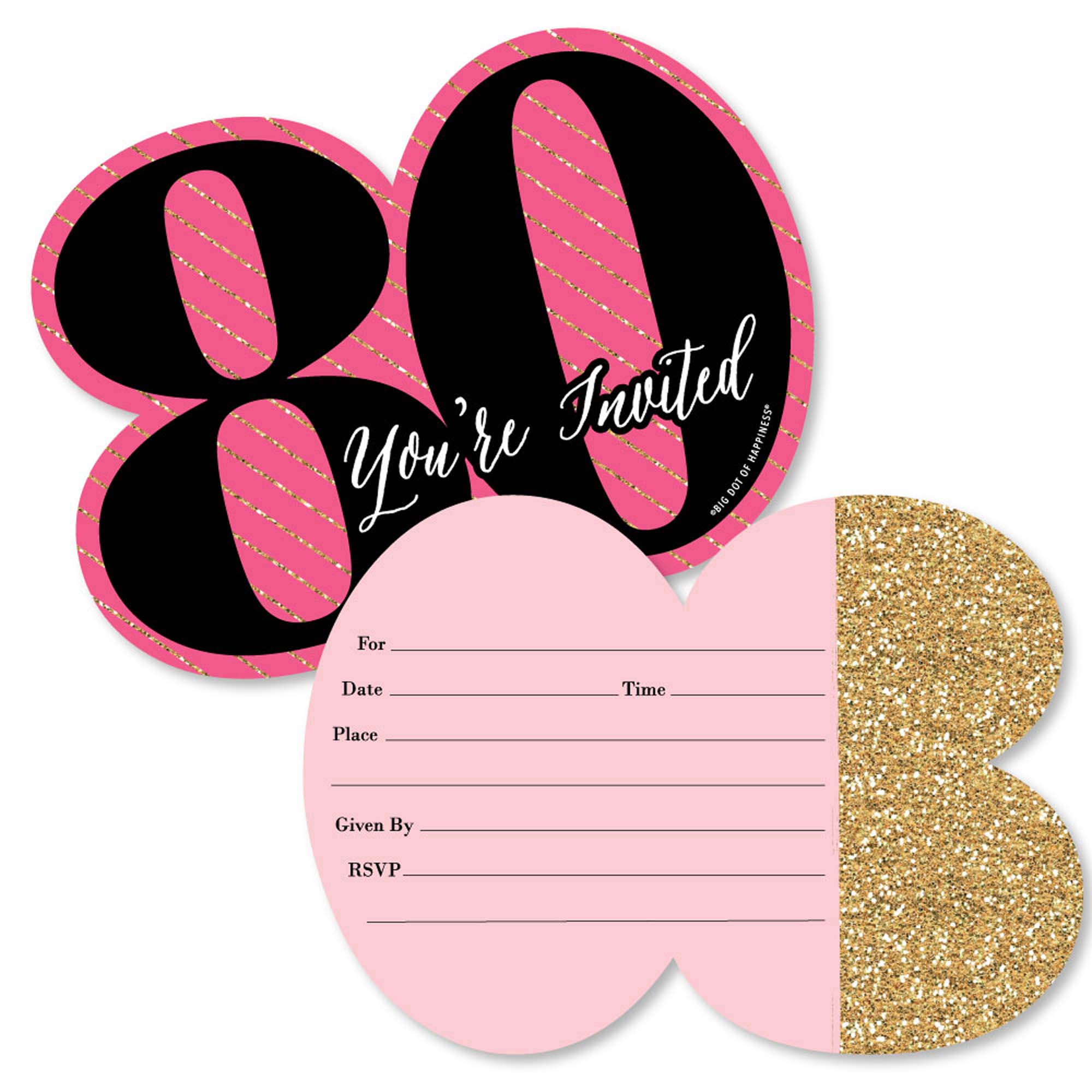 Chic 80th Birthday Pink, Black and Gold Shaped FillIn Invitations