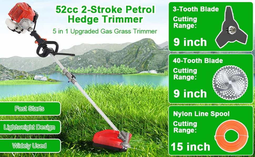Floseru 52cc 2-Cycle Gas Weed Eater Gas Powe, 5-in-1 Gas Weed Wacker, Brush Cutter Gas Trimmer for Grass and Weed, Hedge Trimmer Gas String Trimmer, Edger, Pole Saw & Pruner