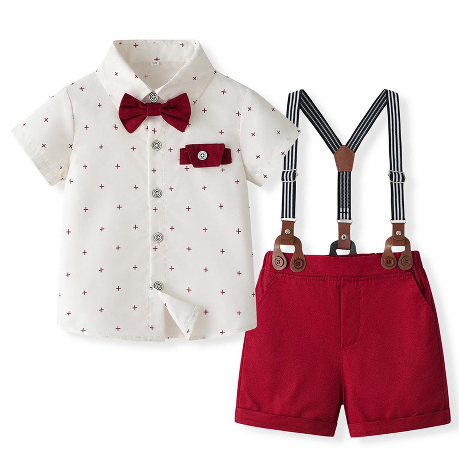 Wxirdiow Toddler Suit Toddler Baby Boy Clothes Suit Gentleman Wedding Outfits Formal Dress Shirt with Bowtie + Suspender Shorts Wine Size,5-6 Years