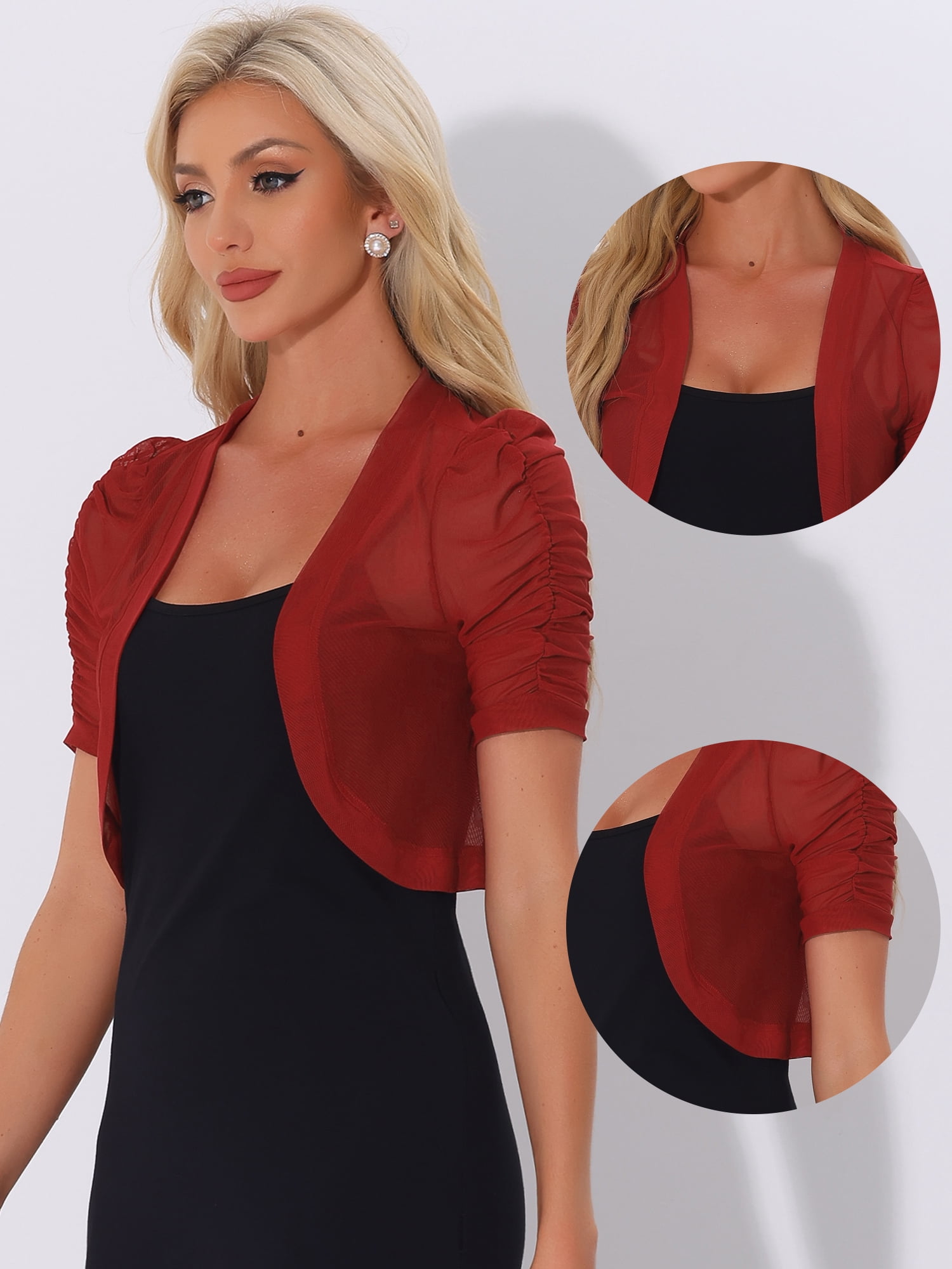 DARING DIVA Women's Mesh Sheer Shrug Cropped Cardigan Bolero S Red