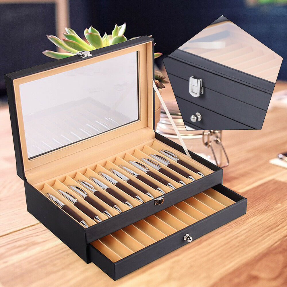 Pen Display Box Leather Flannel Pen Organizer Box,Glass Pen Display Case Storage Box with Lid,Top Glass Window Two Level Display Case with Drawer Pen - image 2 of 8