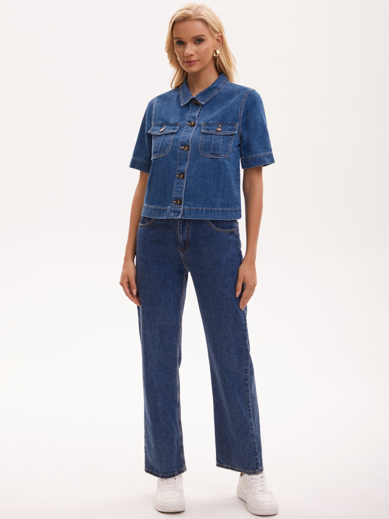 DARING DIVA Women's Button Down Casual Short Sleeve Denim Shirt With Pockets 2XL Blue
