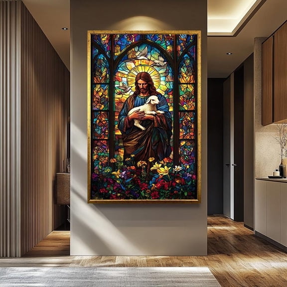 Jesus Christ The Good Shepherd Art Print, Stained Glass Style Religious Wall Art, Christian Home Decor, Inspirational Faith Artwork UNFRAMED PAPER POSTER, Home Decor, Vintage Gift