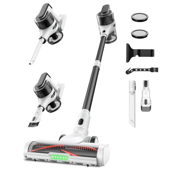 Moosoo Aspirateur-balai Sans Fil, Aspiration 23 kPa, Aspirateur Sans Fil avec Phare DEL Anti-Emmêlement Sans Balais, Aspirateur Léger, Idéal pour Planchers de Bois Franc et Maison
