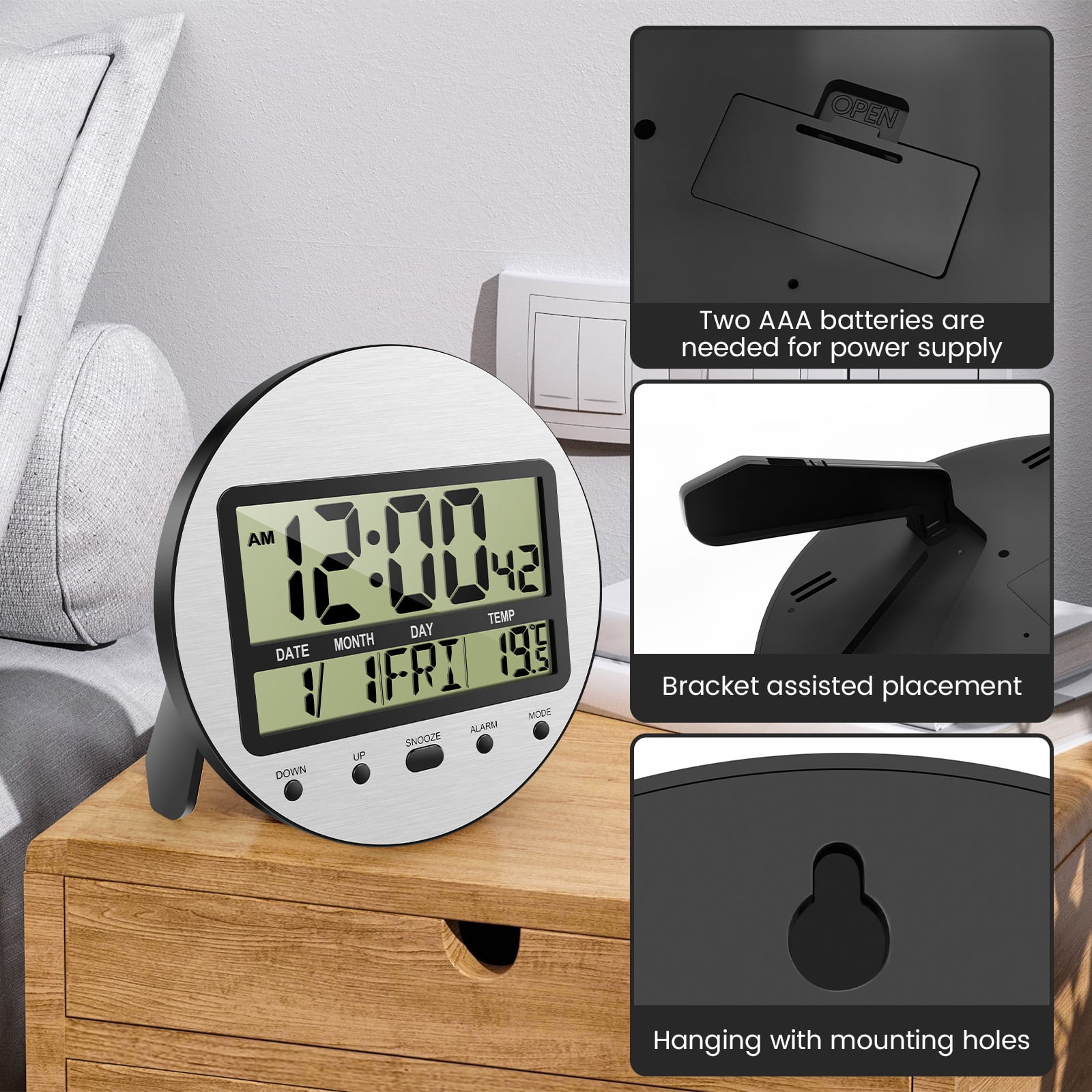 Atomic Digital Wall Clock with Temperature,Seconds,Date and Day of Week - Easy to Read/Set,Auto DST,Aluminum Silver,Round,Wall Mount/Desk Battery Operated