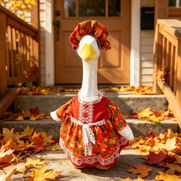 Porch Goose Autumn Leaves Dress with Matching Bonnet Seasonal Fall Outdoor Yard Decor Accessory for 19 To 23 Inch Statue Display