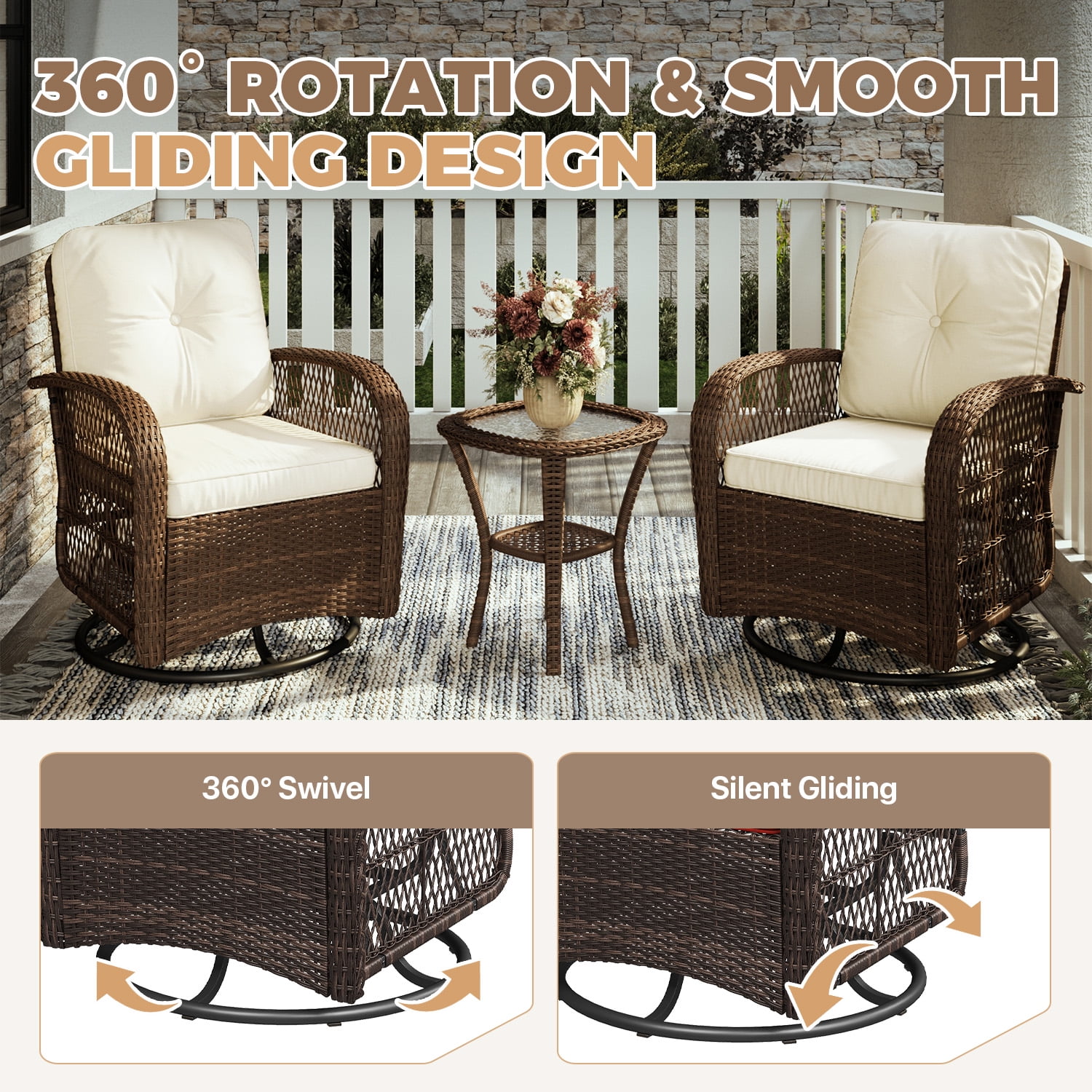 BaPiPro 3pcs Patio Furniture Set, Outdoor Rattan Swivel Gliders Rocker, Wicker Patio Bistro Set with Rocking Chair, Glass Top Side Table, Beige