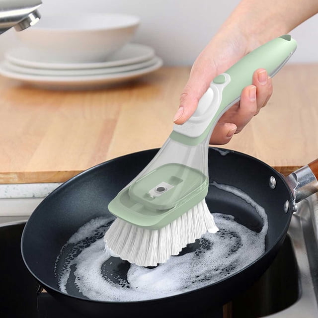 Dishwashing Brush, 2 in 1 Sponge and Bristles, Kitchen Cleaning Brush, Plastic, Nylon Bristles, Soap Container, Non-slip Grip, Squeegee Back, Multi-purpose, Easy to Clean