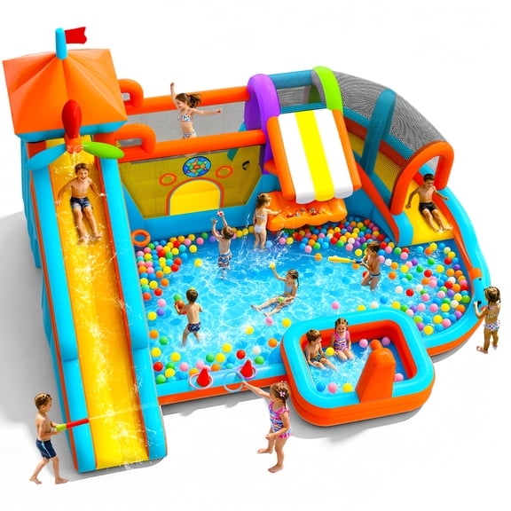 Inflatable Bounce House with Double Slides, 10 in 1 Bouncy House with 750W Blower, Toy Stand, Splash Pool, Climbing Wall, Jumping, Water Cannon, Basketball, Deep Pool for Kids Indoor Outdoor, Orange
