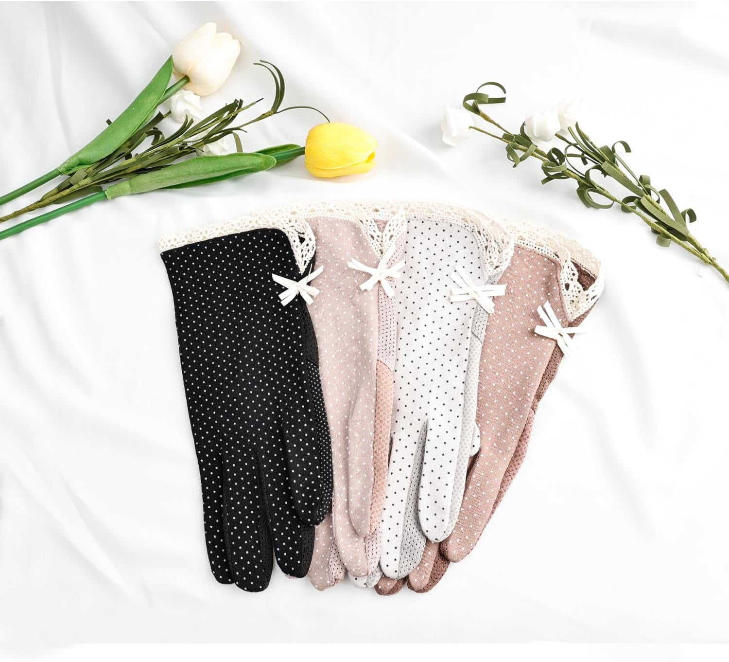 Zhengup Women's Lace Gloves for Outdoor Activities 4 Pairs- Sun Protection,UV Resistant Breathable Cotton,Ideal for Summer, Driving, Golf, and Biking