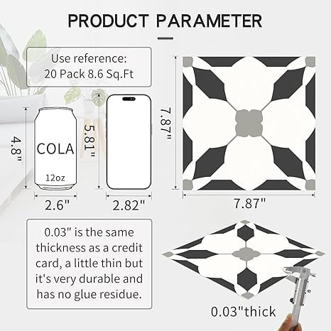 MORCART 7.87" x 7.87" Peel and Stick Floor Tile, 20 PCS Self-Adhesive DIY Vinyl Flooring for Renters, Removable and Waterproof Tile Sticker for Bathroom, Kitchen, Staircase (Black)