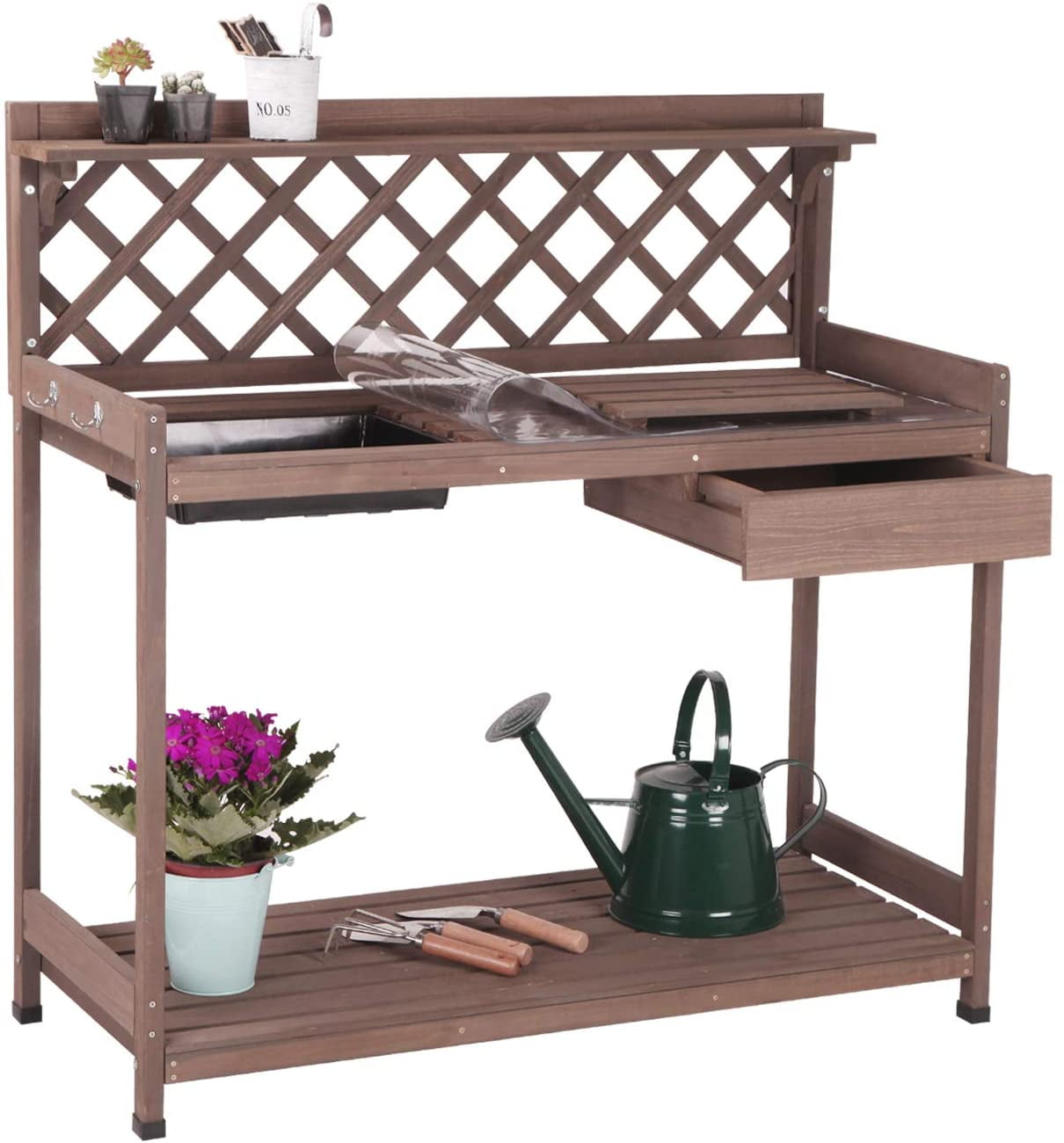VIVOSUN Garden Potting Bench Outdoor Wood Workstation Table with Metal Tabletop Cabinet Sliding Drawer Shelf Natural Wood 