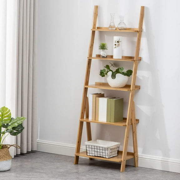 Bamboo Ladder Shelf Bookcase, 5-Tier Leaning Bookshelf Free Standing Organizer Storage Shelves for Living Room, Bedroom, Kitchen, Home Office, Balcony, Natural Wood