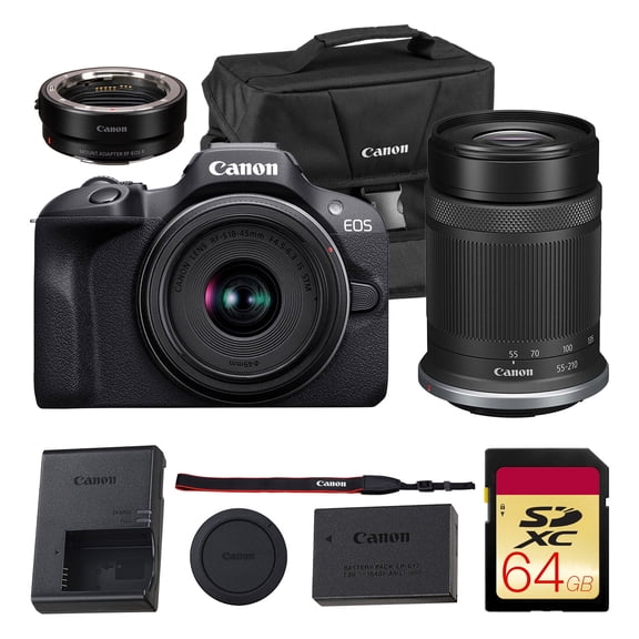 Canon EOS R100 Mirrorless Camera Kit – APS-C RF Camera with 18-45mm & 55-210mm Lenses, 24MP Sensor, 4K Video & Dual Pixel AF (6052C022)   Canon Adapter EF-EOS R   Shoulder Bag   More