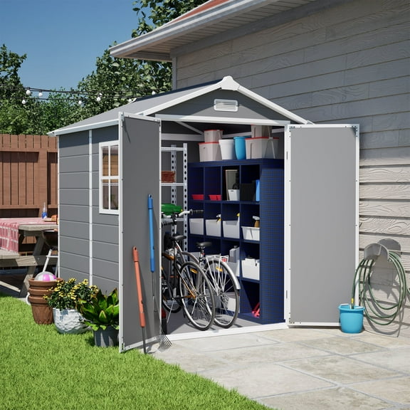 6 x 6 Ft Outdoor Storage Shed with Floor, Resin Tool Shed Heavy Duty Waterproof Plastic Sheds Kit with Window and Lockable Door, Colorfast, for Garden Backyard Patio Outside Tools Shelter