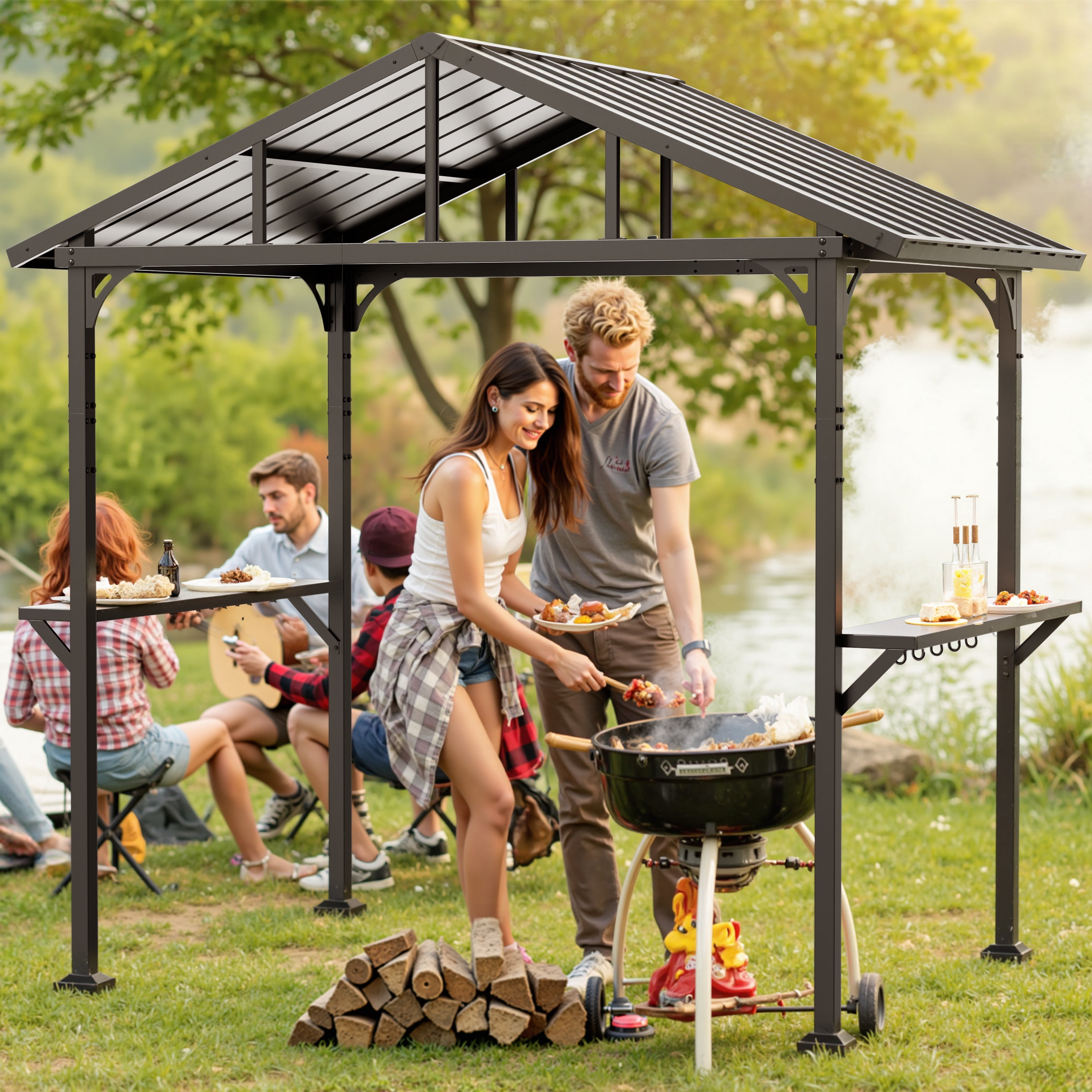 Gotland 8' x 5' Hardtop Grill Gazebo, Outdoor BBQ Metal Roof Canopy with 2 Metal Side Shelves & 5 Tool Hooks for Patio, Garden, Backyard, Poolside (Black)