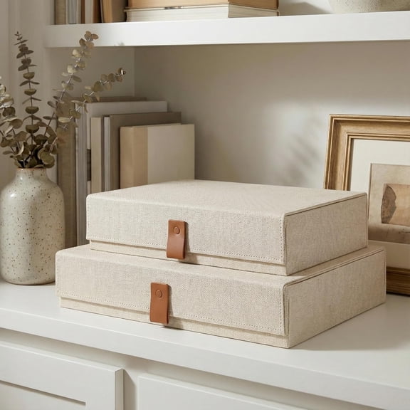 Decorative Photo Storage Boxes with Lids - Set of 2 Linen Organizers