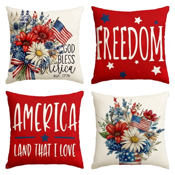 Sm:)e God Bless America Freedom Floral 4th of July Throw Pillow Cover 18x18 Inch Set of 4, Polyester Patriotic Outdoor Pillow Case for Sofa Couch