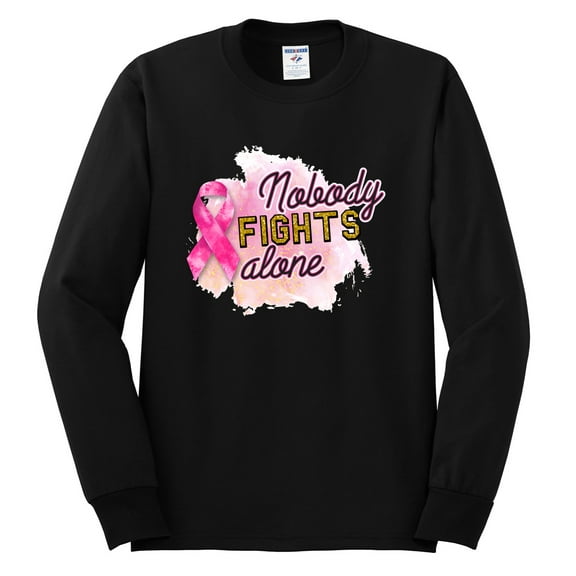 Nobody Fights Alone Watercolor Sparkles Breast Cancer Awareness Mens Long Sleeve Shirt, Black, Medium
