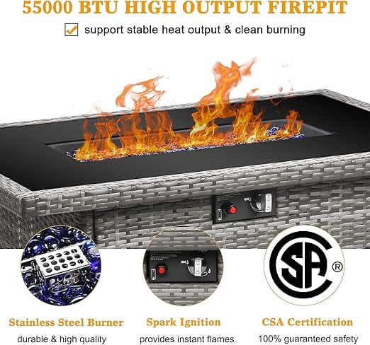 LayinSun 44" Propane Gas Fire Pit Table, 55000 BTU Rectangular Fire Pit with Glass Wind Guard for Outside Patio Deck Garden Backyard