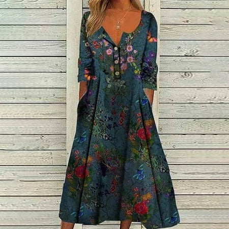Fall Clothes Savings Clearance 2022! Tagold Womens Winter Dresses,Fashion Women Autumn Printing Causal V-Neck Button Long Sleeve Vacation Pockets Dress