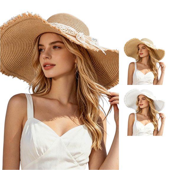 Jane Wardrobe Frayed Edge Lace Bow Straw Beach Hat for Women, Wide Brim UV Protection, Summer Vacation Sun Hat, 1 Piece, One Size