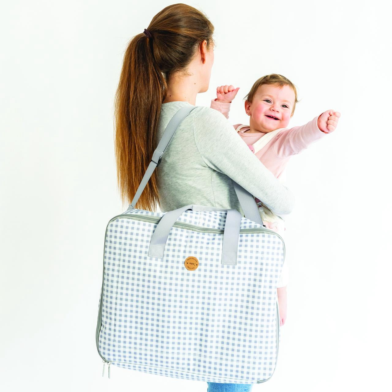 SARO Toddler Weekender Travel Bag - Gray Vichy with Pockets & Adjustable Strap