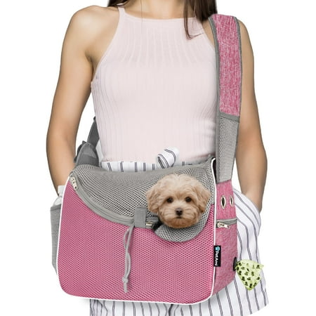 PetAmi Small Dog Sling TMA2 Carrier  Soft-Sided Crossbody Puppy Purse Bag  Adjustable Sling Pet Pouch to Wear Medium Dog Cat Travel  Dog Bag for Traveling  Breathable  Poop Bag Dispenser  Pink