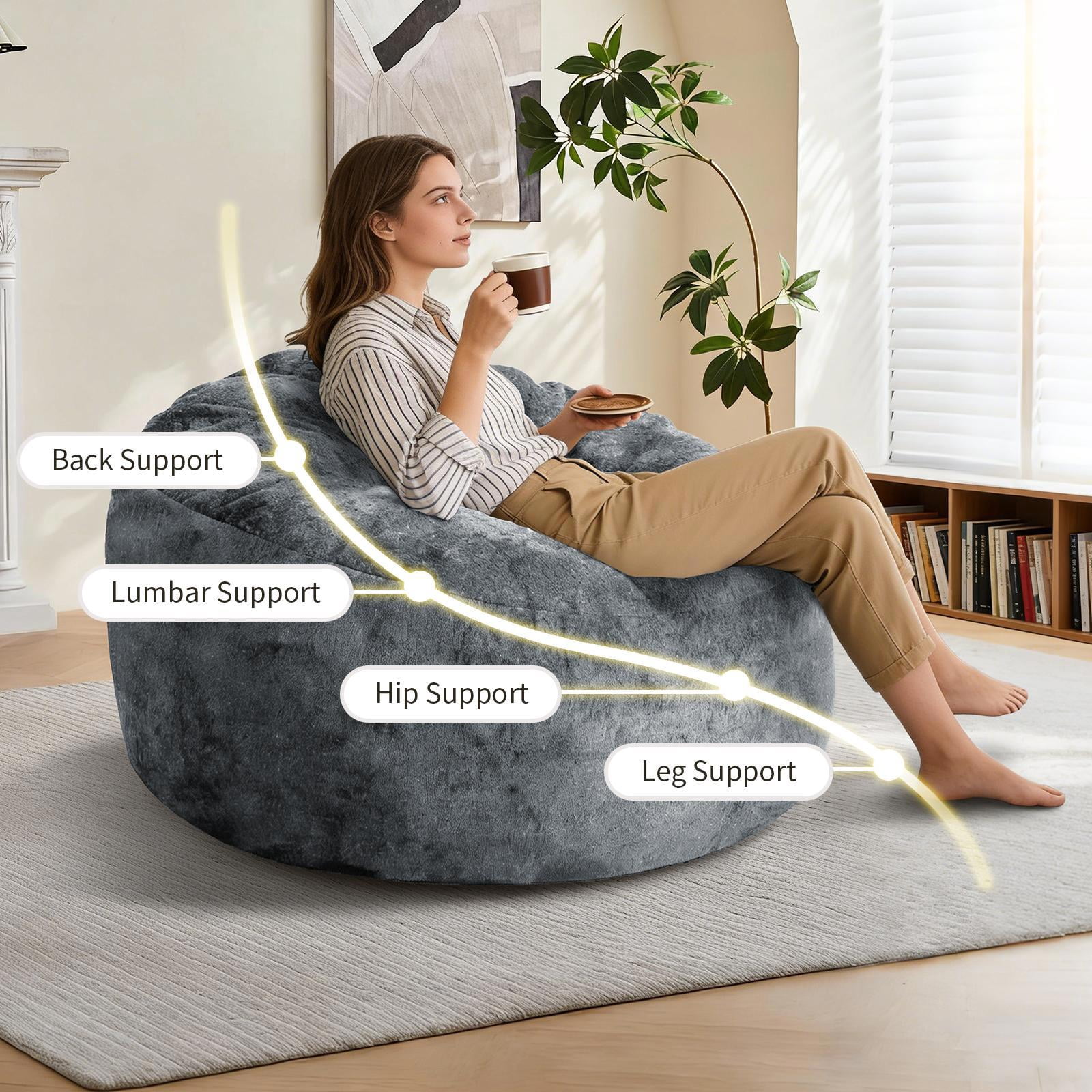 Hommoo Ultra-Comfort Ergonomic Bean Bag Chair Lounge Chair, with Adjustable High-Elasticity Inner Filling and Detachable Washable Cover, for Living Room, Bedroom & Balcony, Gray