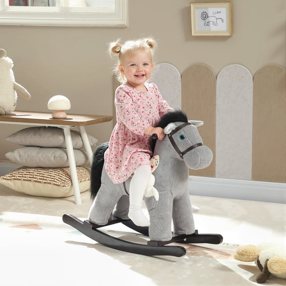 Qaba Toddler Rocking Horse, Plush Kids Ride on Toy with Realistic Neigh and Toy, Animal Rocker for 2–5 Years Old, Gray