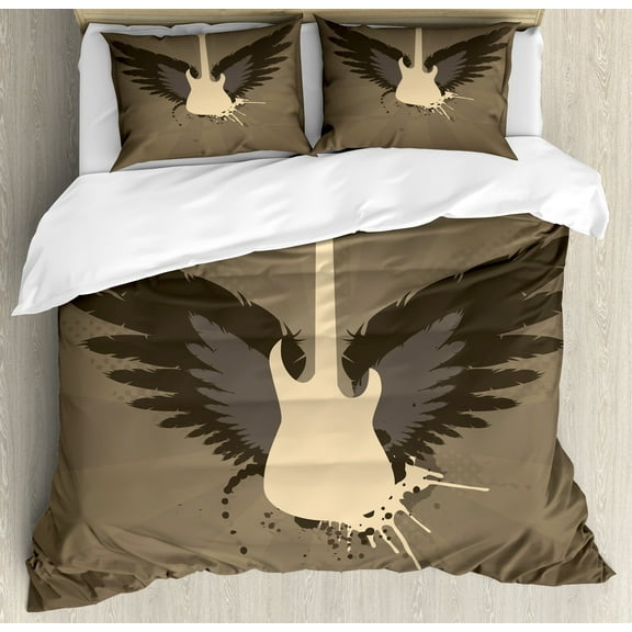 Modern Duvet Cover Set, Music Theme Rock Talent Wings Guitar Instrument Art Print, Decorative 3 Piece Bedding Set with 2 Pillow Shams, Queen Size, Charcoal Grey Mustard, by Ambesonne