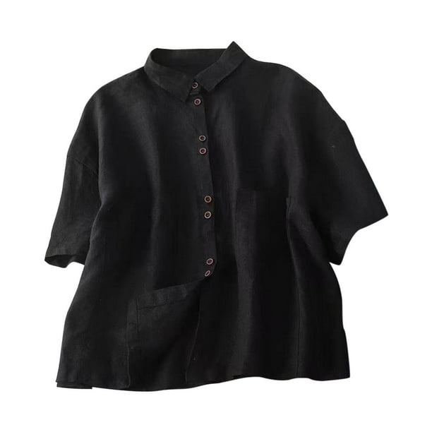 Mujeres de Algodón de Verano Tops de Color Sólido Casual Mediano de Manga Corta Cuello Redondo, Camisa de Lino de Algodón Transpirable