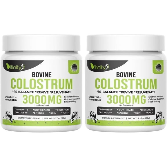 VITINITY Grass Fed Bovine Colostrum Powder for Humans 3000 mg - Natural IgG Colostrum Supplement Gut Health, Immune Support, Muscle Recovery, Wellness | Pure Colostrum Superfood,Unflavored 2 Pack
