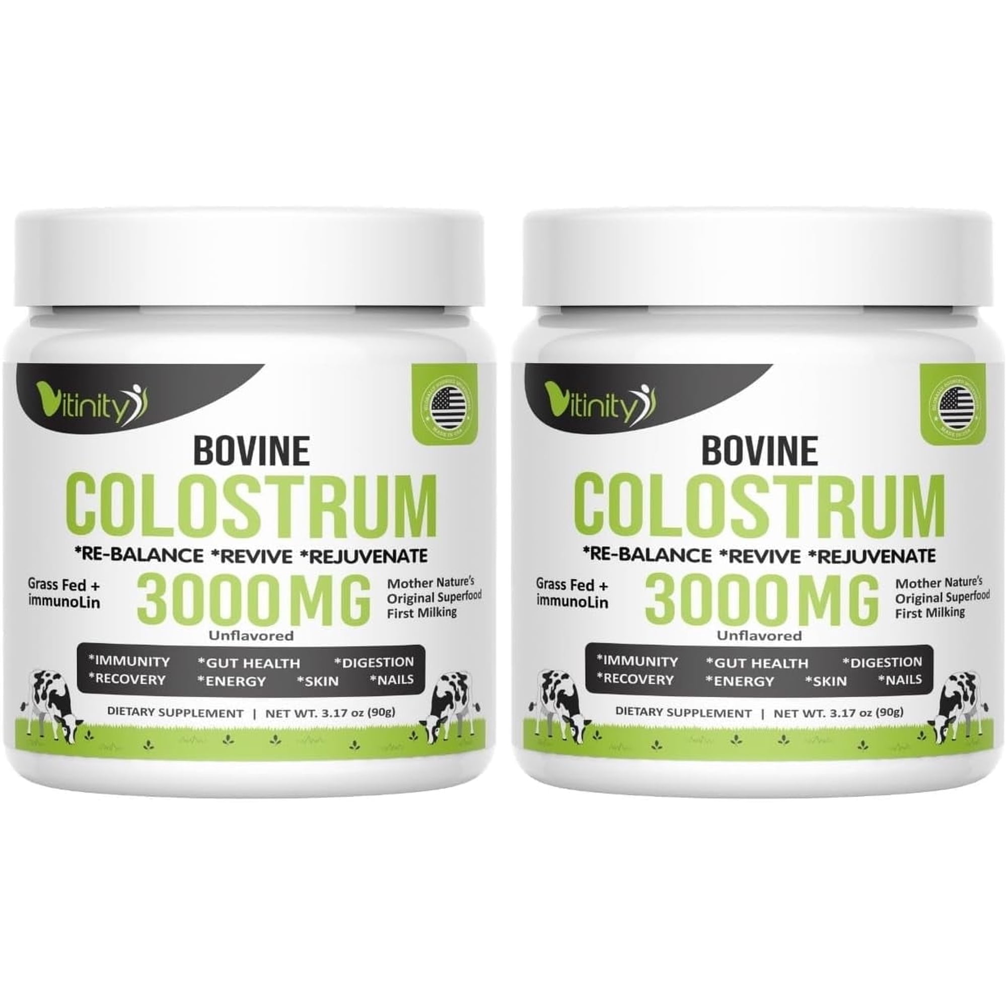 VITINITY Grass Fed Bovine Colostrum Powder for Humans 3000 mg - Natural IgG Colostrum Supplement Gut Health, Immune Support, Muscle Recovery, Wellness | Pure Colostrum Superfood,Unflavored 2 Pack