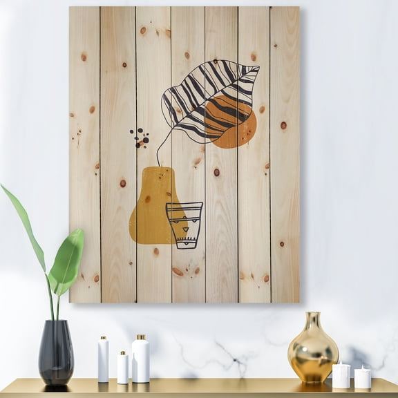 Designart 'Abstract Shapes Botanical Minimalist Leaf' Modern Print on Natural Pine Wood