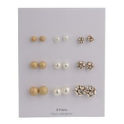 Shiny Gold-Tone Ball Studs, Pearl Studs, Fireball Stud Earrings, 9 Pairs
