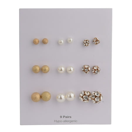 Shiny Gold-Tone Ball Studs, Pearl Studs, Fireball Stud Earrings, 9 Pairs