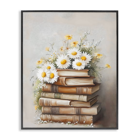 Stupell Industries Shabby Chic Book Stack with Daisies Black Framed Giclee Art, 11 x 14, by Arlington Prints