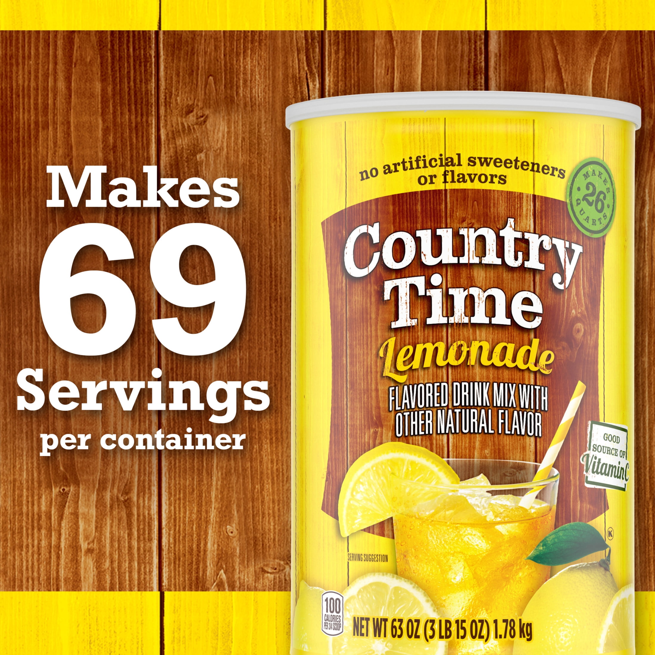 Country Time Lemonade Powdered Drink Mix, 1 Canister, for Flavorful Hydration and Shareable Refreshment, Naturally Flavored with Other Natural Flavor, No Artificial Sweeteners or Flavors, 63 oz