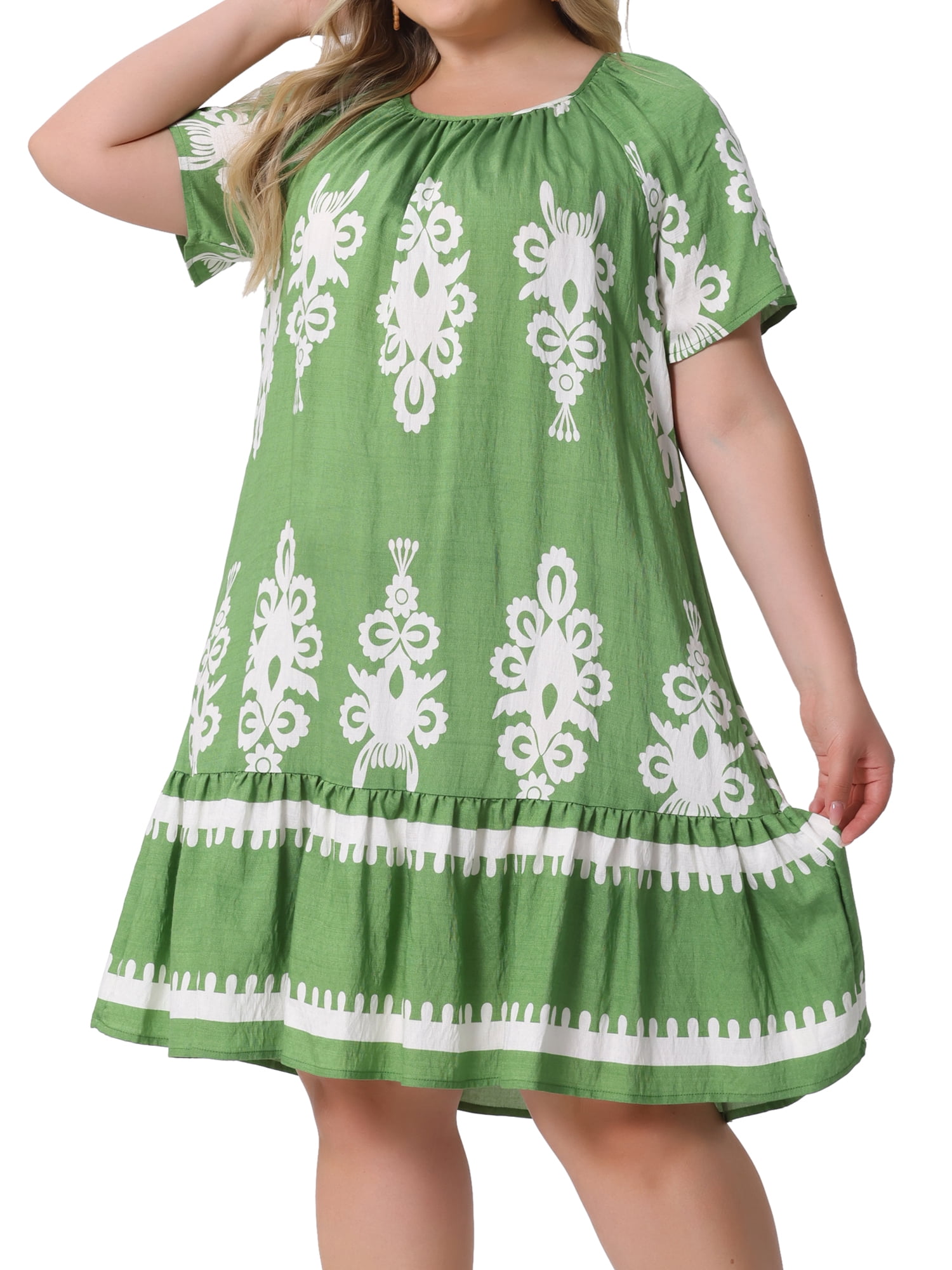 DARING DIVA Plus Size Summer Boho Short Sleeve Flared Midi Dress 3X Green