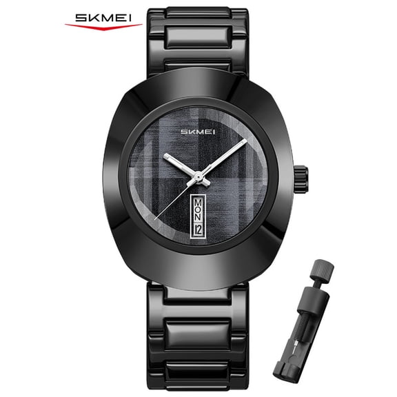 SKMEI Men's Analog Watch, Oval Stainless Steel Bracelet Quartz Wristwatch with Day and Date Display