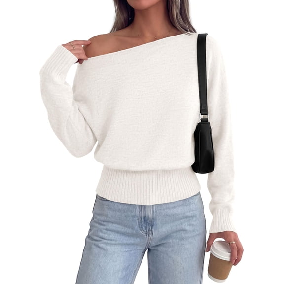 PRETTYGARDEN Womens Off The Shoulder Sweater Fall Fashion Soft Stretchy Knit Fabric, Batwing Long Sleeve Cinched Waist Cropped Sweaters, Date Night Outfit, Asymmetrical Going Out Tops