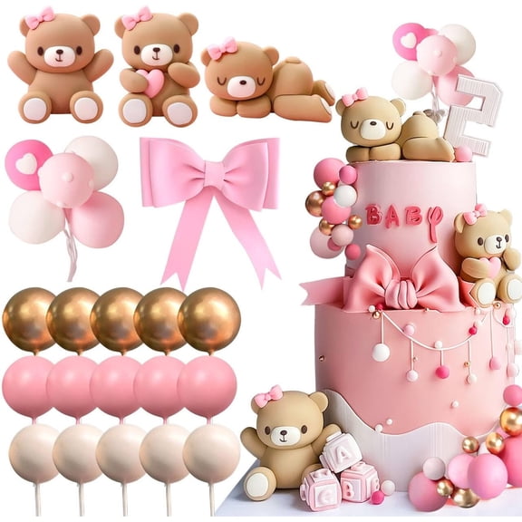Pink Teddy Bear Theme Cake Decoration Set - 3D Ornament Balloon Bow Combination Birthday Baking Decoration