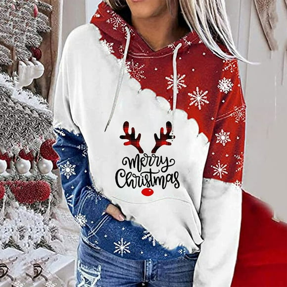 Kcavykas Chandails en Molleton d'Automne pour Femmes, Mode Féminine Imprimé de Noël Manches à Capuche, Blouse Sweat