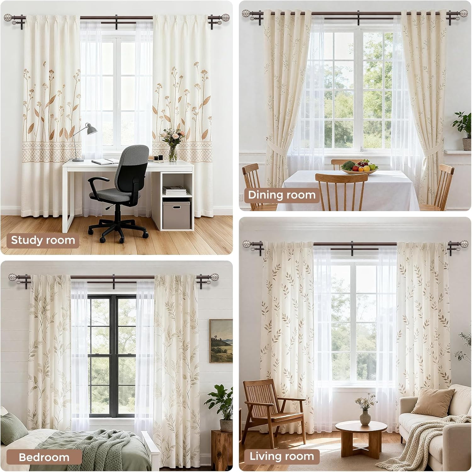 Walnut Wood Double Curtain Rod 36-184 Inch, Boho Decorative Extra Long Dual Curtain Rods for Windows, 1 Inch Adjustable Heavy Duty Double Rod with Handmade Imitation Wood Grain Leaf Finials